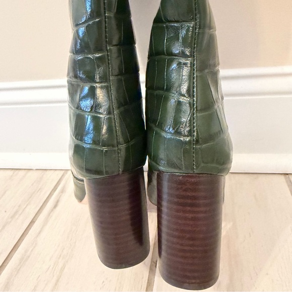 Loeffler Randall Tall Goldy Leather Croc Forest Green Heel Knee Boot Pull On 6 - Picture 9 of 14